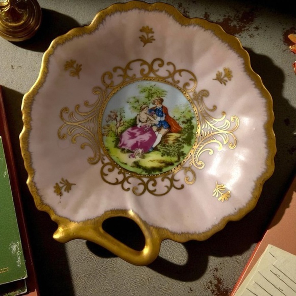 Lefton China Hand Painted Trinket Dish Pink Gold Trim Courting Couple Vintage